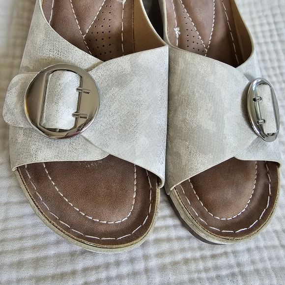 Wedge Mule Sandals, Open Toe with Buckles in Ivory, Size 8 Medium - Picture 6 of 16